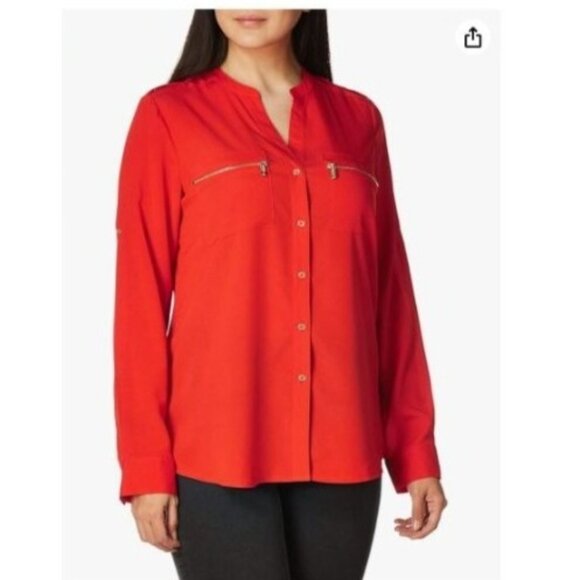 Calvin Klein Womens orange Button-Up Blouse Zippered Pockets Tab Sleeves size la - Picture 1 of 12